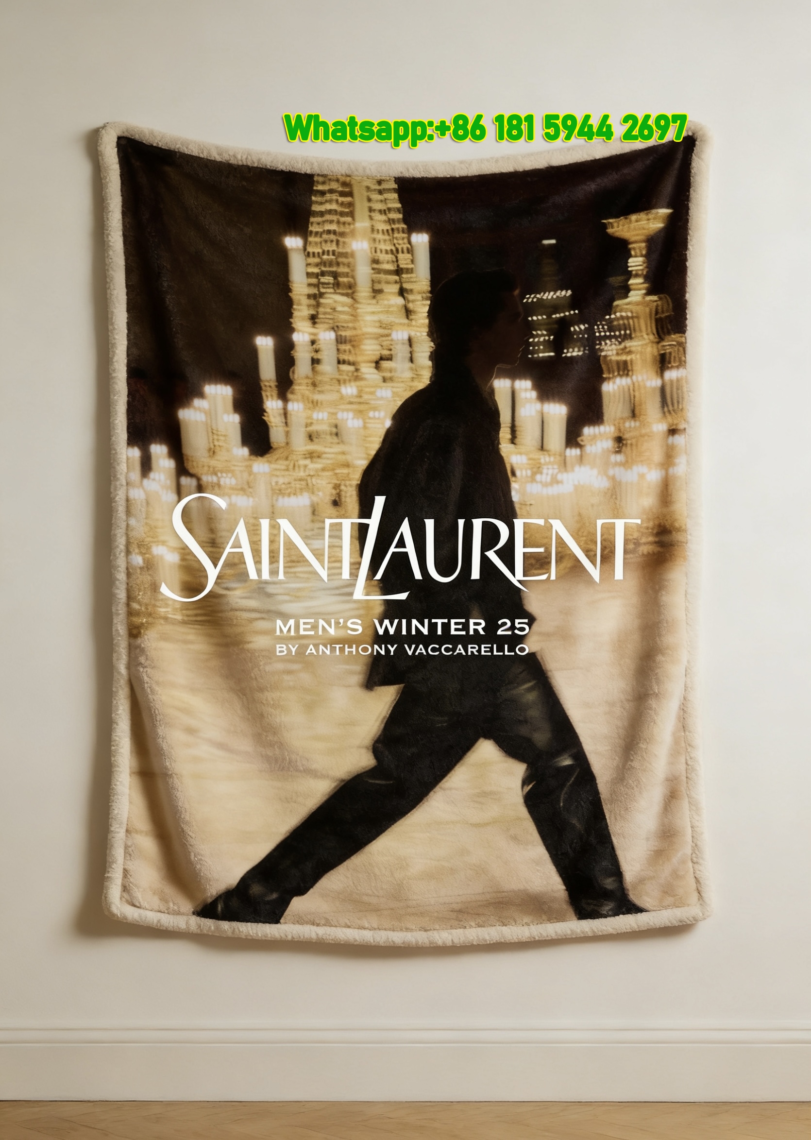 Yves Saint Laurent YSL Black and Gold Runway Print Flannel Throw Blanket IMG_3260